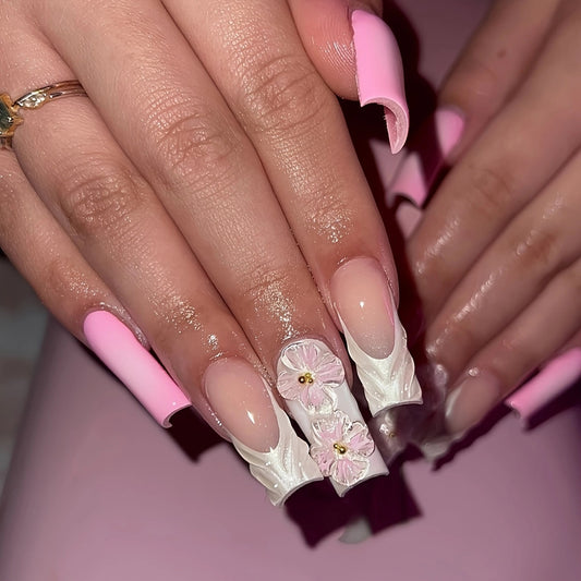 Enchanting Blossom Elegance Long Square Pink Floral Design Press On Nail Set