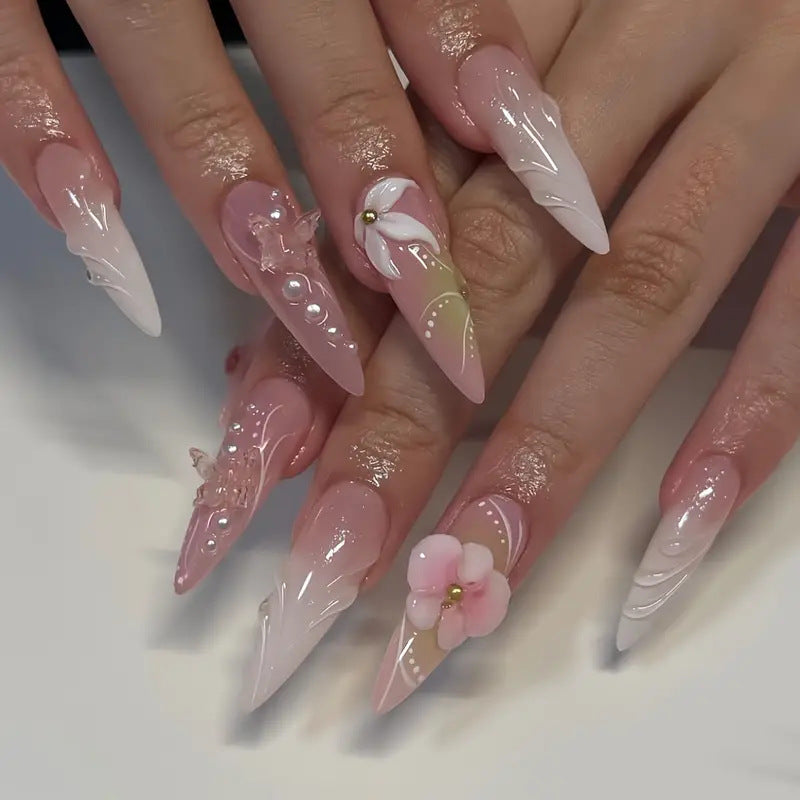 Dreamy Floral Fantasy Long Stiletto Press On Nail Set Pink and White with Unique Flower and Pearl Accents