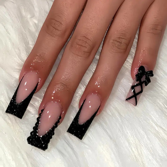 Glamorous Evening Black Square Press On Nail Set Long Pink and Black with Bow and Ruffle Design