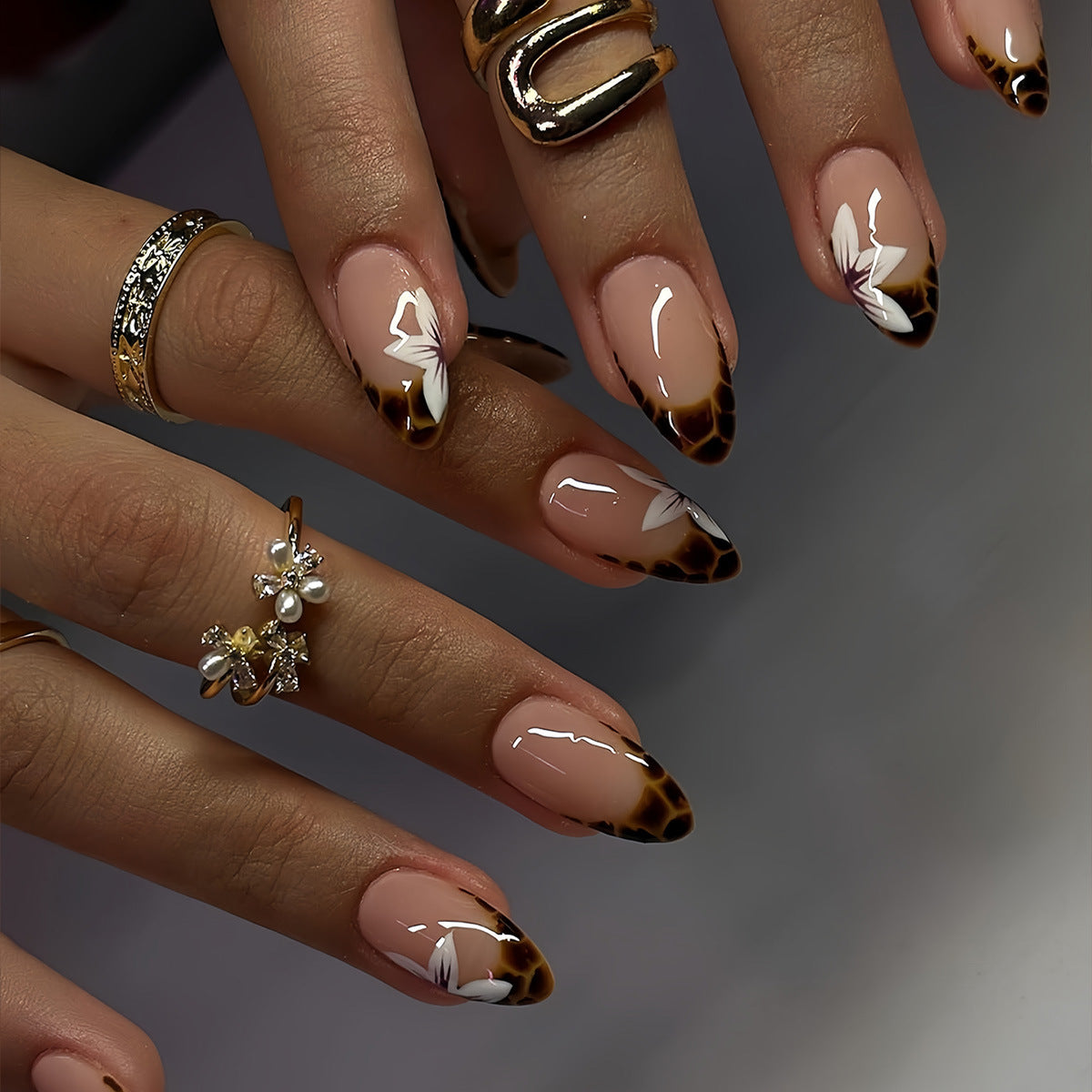 Giraffe Safari Medium Almond Ombre Nails with Floral Accents