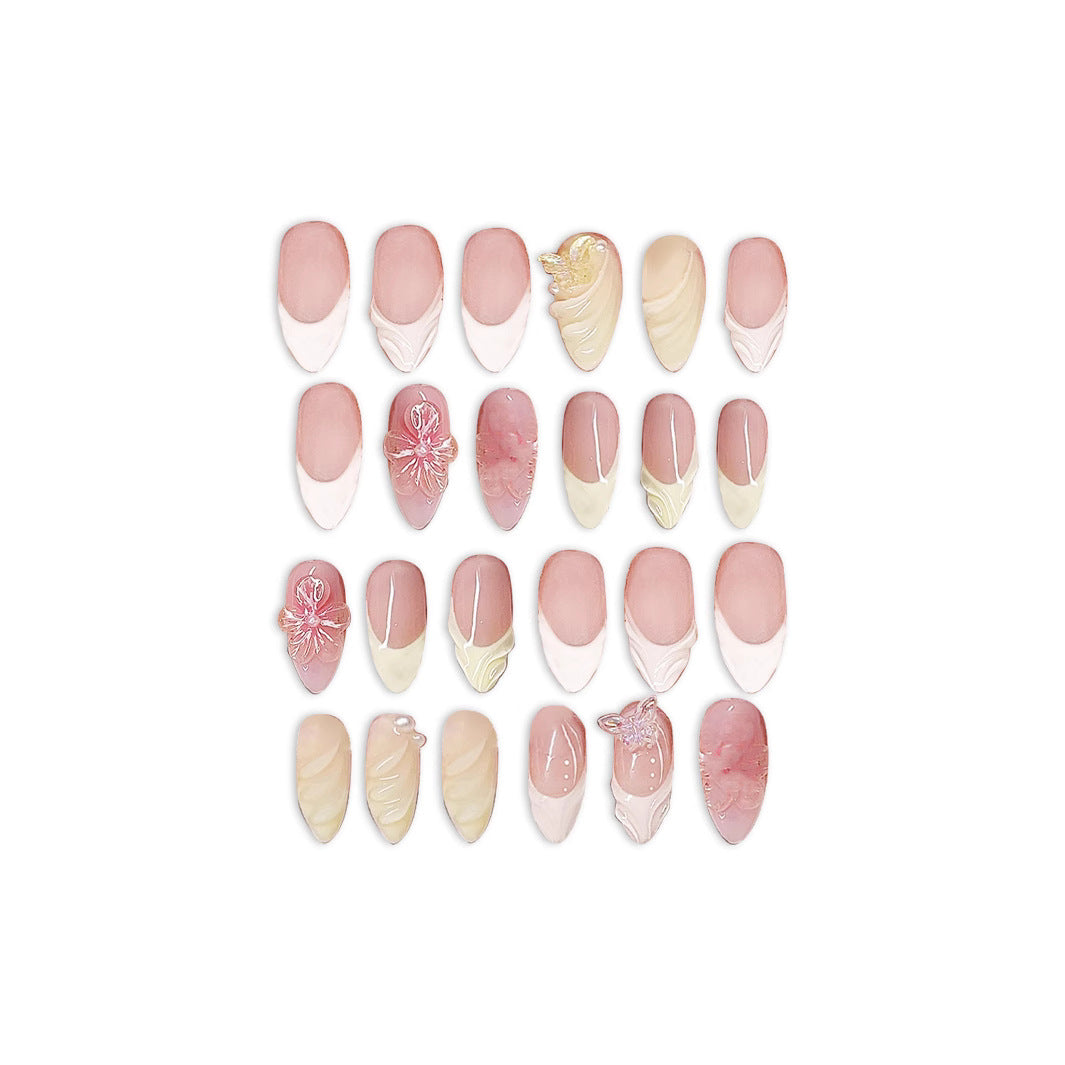 Dreamy Blossom Short Almond Pink and Cream Press On Nail Set with Unique Floral Embellishments