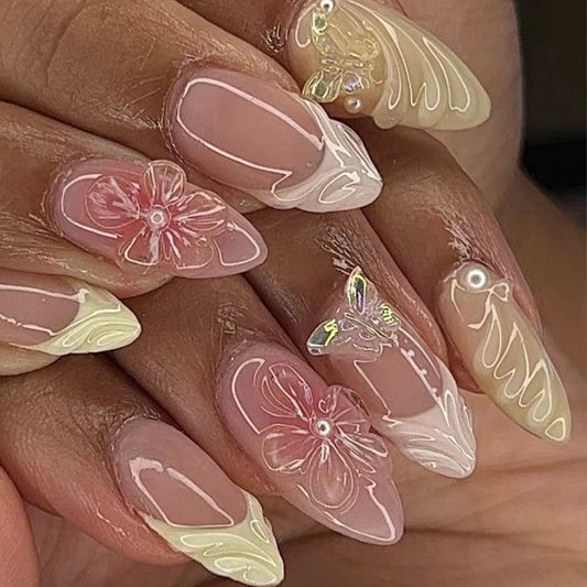 Whimsical Garden Short Almond Pink with Floral Embellishments and Iridescent Accents Press On Nail Set