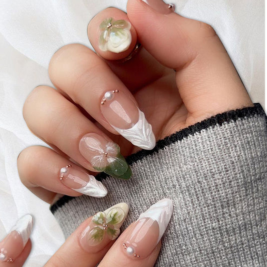 Garden Blossom Elegant Long Almond Green and White Floral Design with Pearl Accents Press-On Nail Set