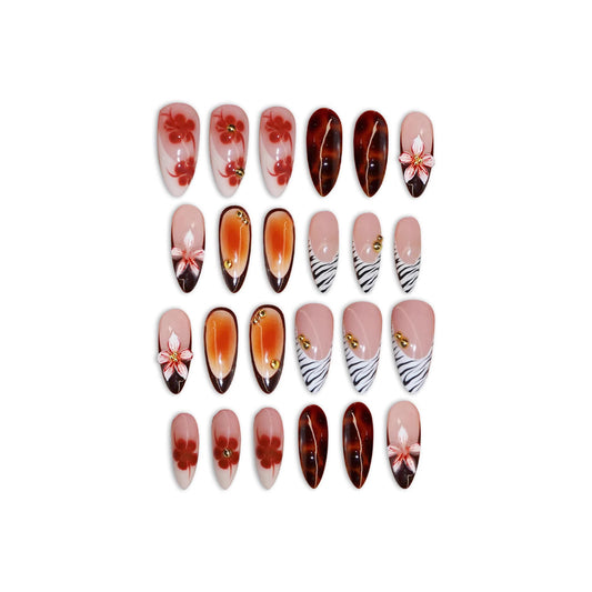 Tropical Elegance Medium Almond Coral and Brown Floral Press On Nail Set with Unique Gradient Design