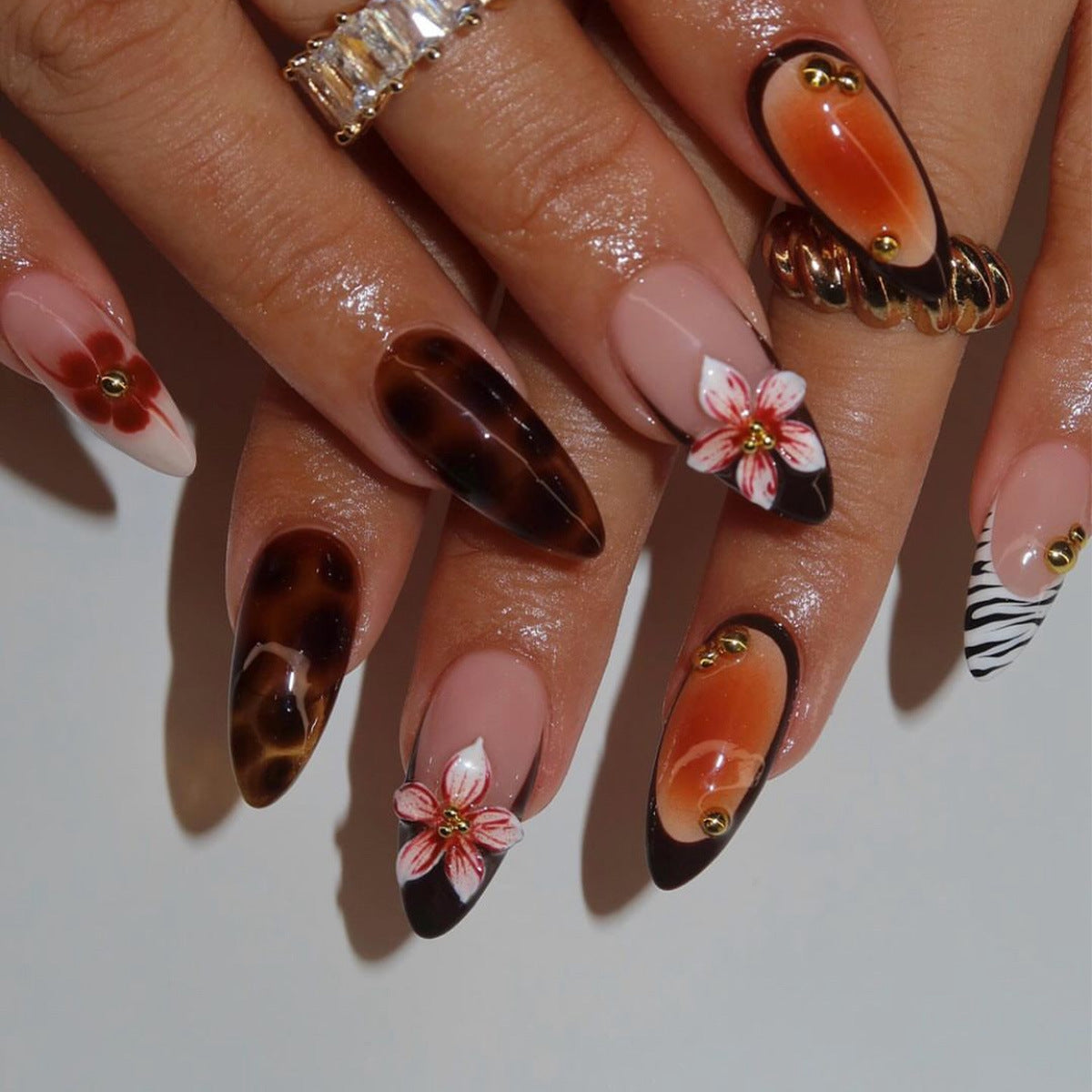 Tropical Dream Long Almond Brown Floral and Zebra Accent Press On Nail Set