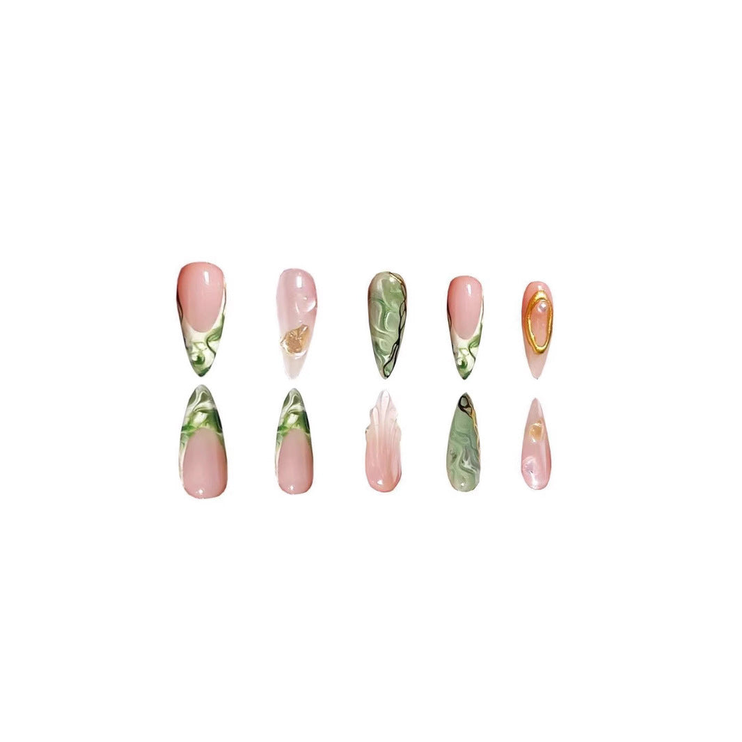 Botanical Elegance Long Almond Pink and Green Artistic Marble Effect Press-On Nail Set