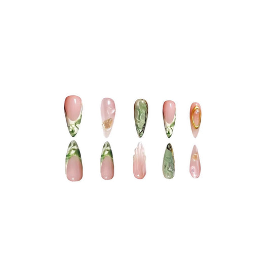 Botanical Elegance Long Almond Pink and Green Artistic Marble Effect Press-On Nail Set