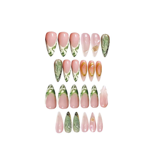 Botanical Elegance Long Almond Green and Pink Press On Nail Set with Artistic Marble Design