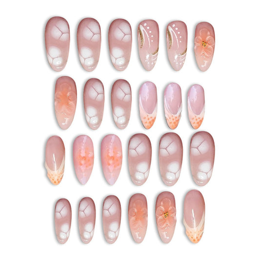 Blooming Elegance Short Oval Pink Press On Nail Set with Floral Accents and Glossy Finish