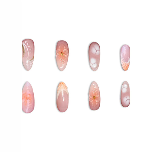 Blossoming Elegance Medium Almond Pink Press on Nail Set with Floral Accents and Glossy Finish