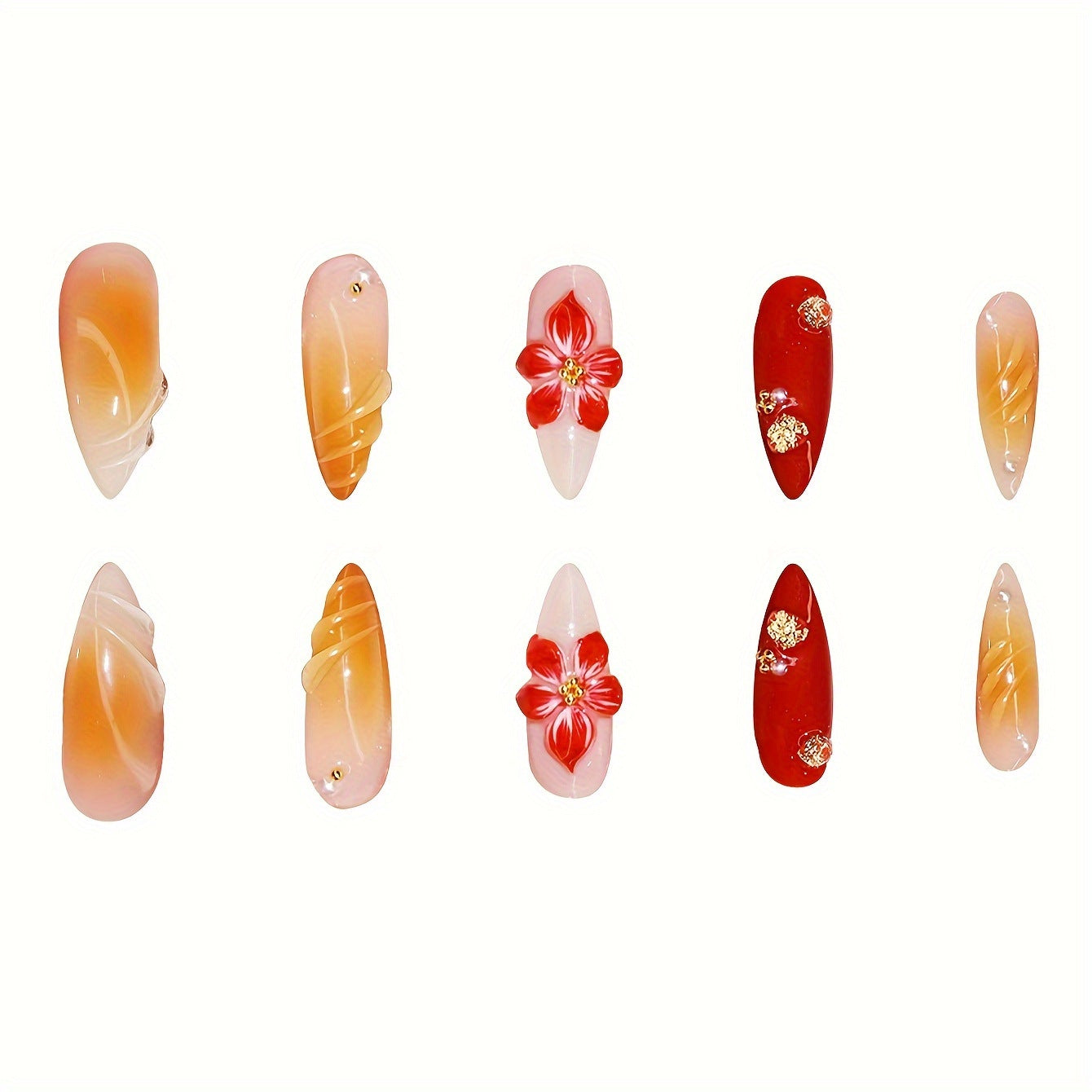 Mystical Blossom Elegance Long Almond Orange and Red Floral Press on Nail Set with Glimmering Details