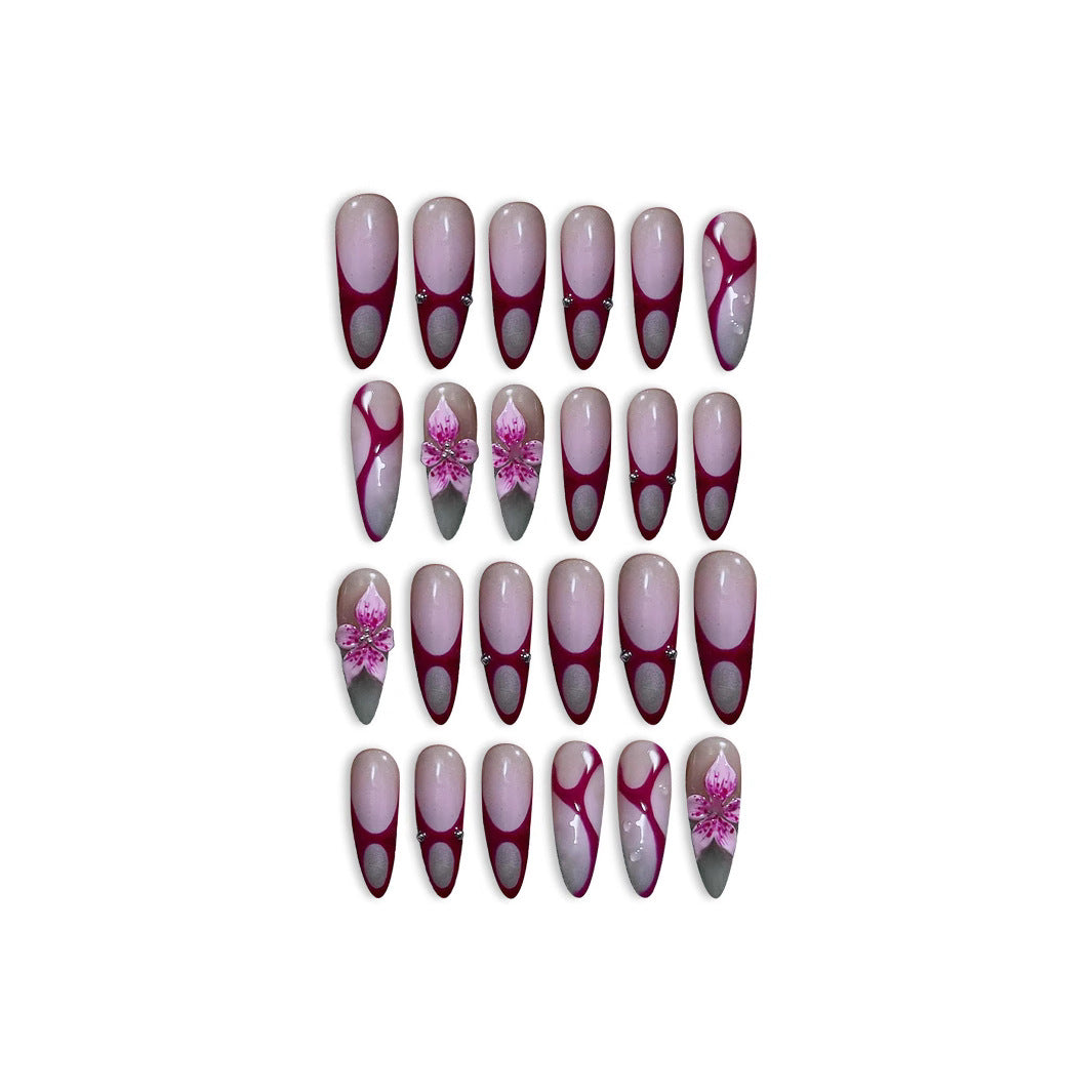 Blooming Elegance Long Almond Burgundy and Pink Gradient with Floral Accents Press on Nail Set