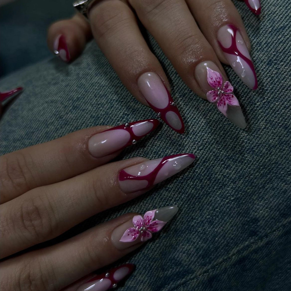 Floral Elegance Long Almond Burgundy and Blush Press-On Nail Set with Intricate Flower Embellishment