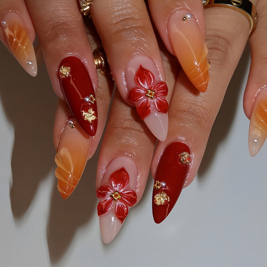 Tropical Elegance Long Almond Red and Orange Floral Press On Nail Set with Gold Accents