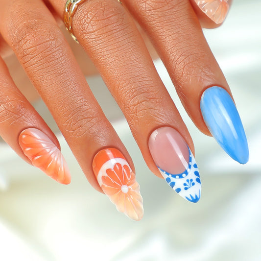 Tropical Paradise Long Almond Peach Blue Floral Press On Nail Set