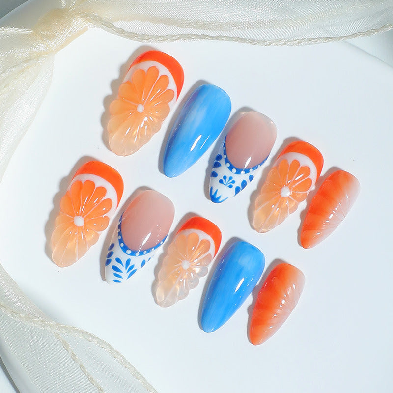 Tropical Paradise Long Almond Blue and Orange Press On Nail Set with Floral Designs and Glossy Finish