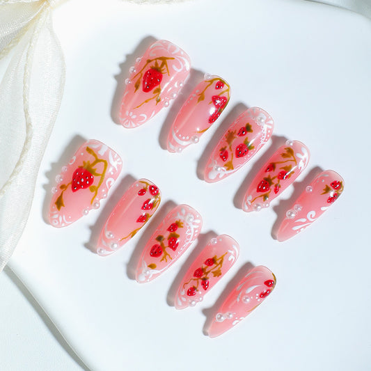 Strawberry Delight Long Almond Pink Press On Nail Set with Floral Design and Pearl Accents