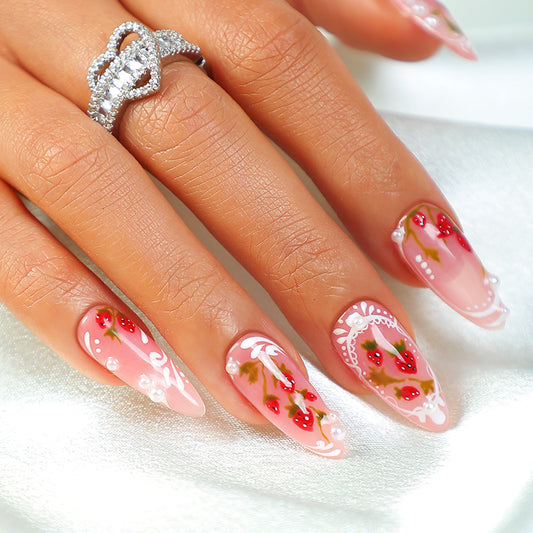 Elegant Floral Fantasy Long Almond Pink Press On Nail Set with Cherry Blossom Design