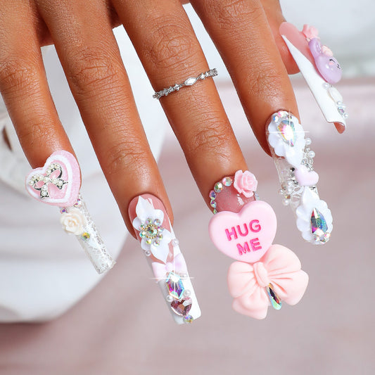 Sweetheart Fantasy Long Square Pink Press On Nail Set with Charms and Decorative Gems