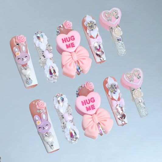 Whimsical Bunny Love Long Square Pink Press On Nail Set with Heart and Bow Details