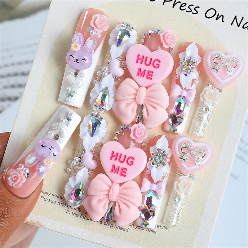 Cute Pastel Charm Long Square Pink Press On Nail Set with Heart and Bow Embellishments