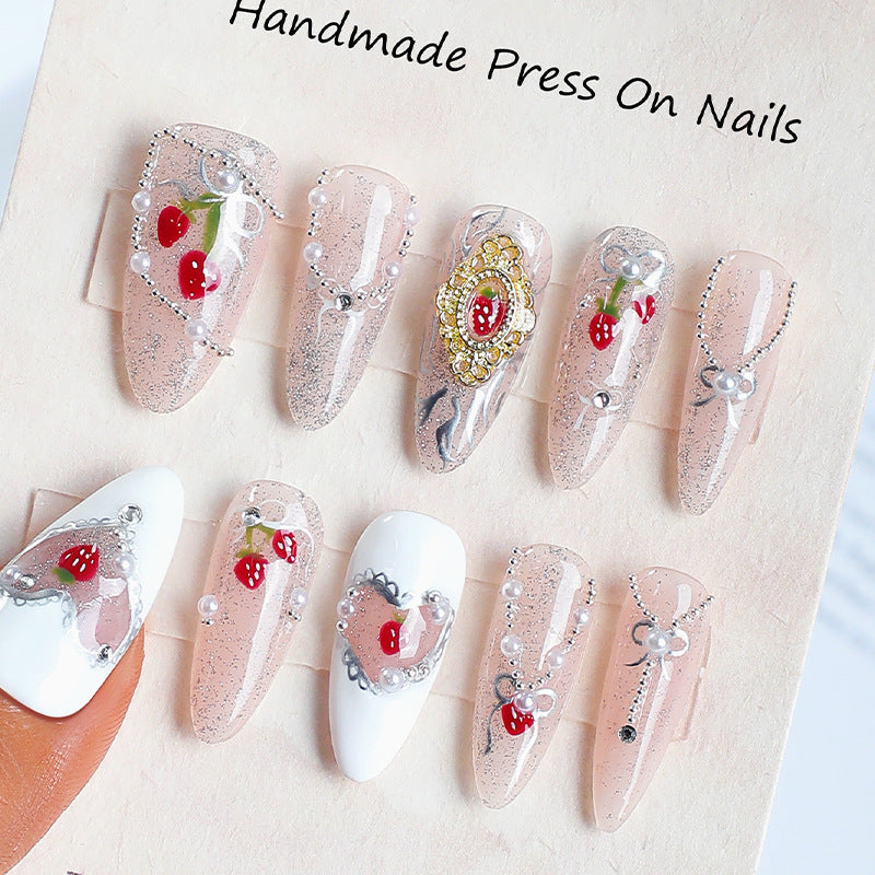 Sweet Strawberry Dream 10 Pack Long Almond Pink Press On Nail Set with Pearls and Glitter Accents