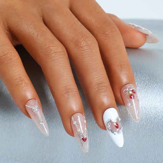 Glamorous Strawberry Dream Long Almond Clear and White Press On Nail Set with Embellished Design