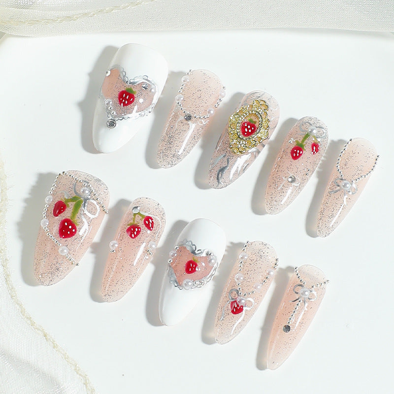 Sweet Strawberry Dreams Long Almond Press On Nail Set in Pale Pink with Glitter and Charming Floral Accents