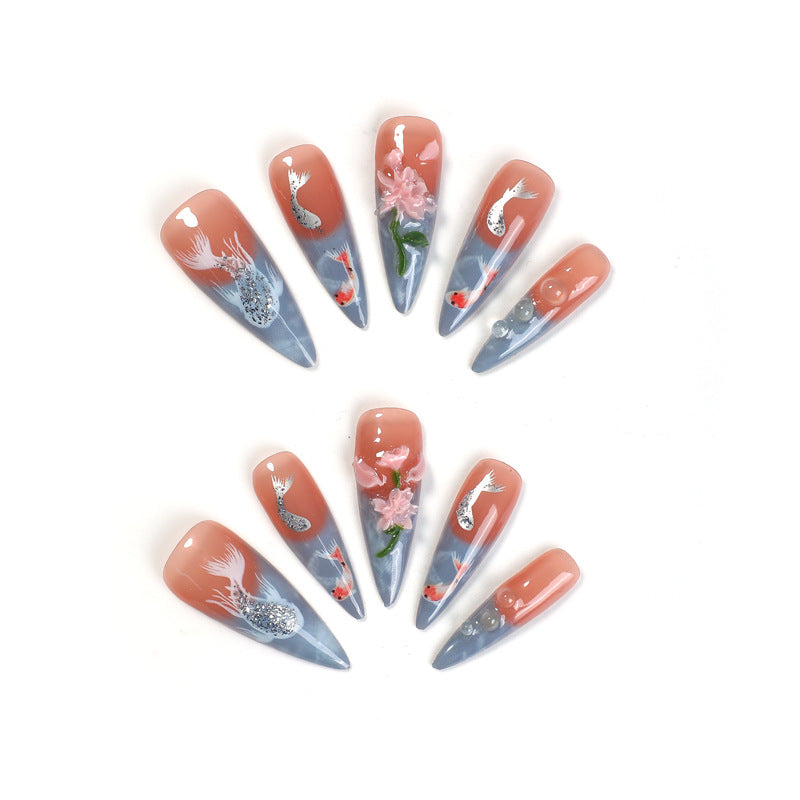 Aquatic Wonderland Medium Stiletto Nail Set in Coral with Beautiful Koi Fish and Floral Designs