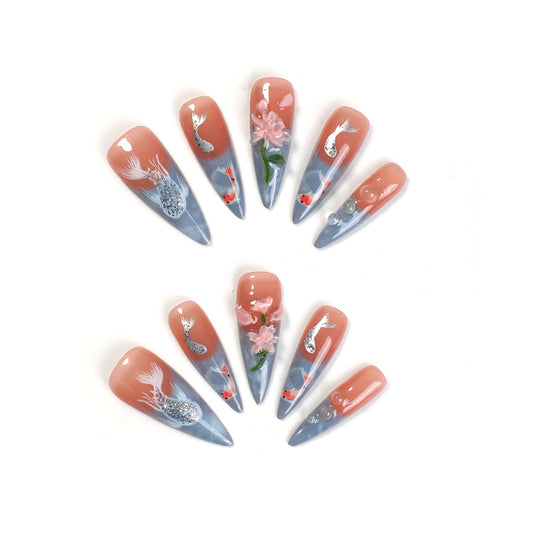 Aquatic Wonderland Medium Stiletto Nail Set in Coral with Beautiful Koi Fish and Floral Designs