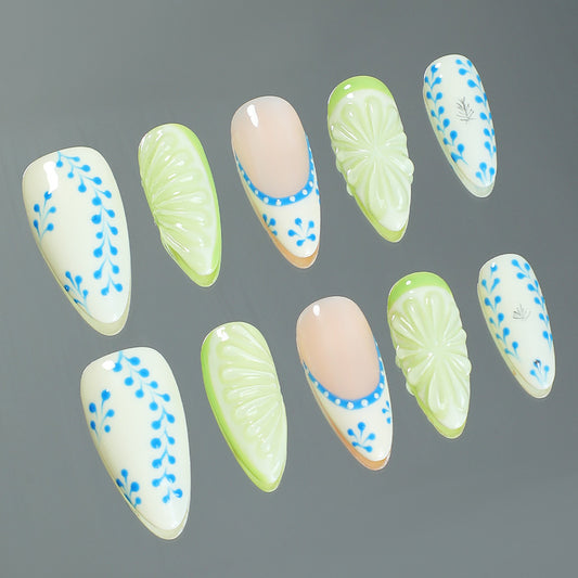 Citrus Bliss Medium Almond Press-On Nail Set in Green and Cream with Floral Patterns