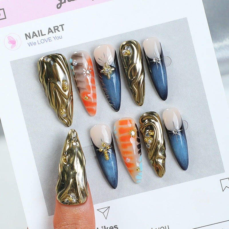 Elegant Ocean Wave Long Stiletto Shaped Blue Orange Gold Press On Nail Set with 3D Gem Accents