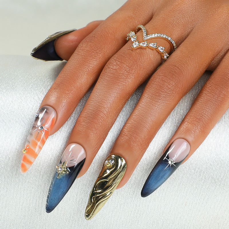 Mystical Ocean Inspired Long Stiletto Ombre Press On Nail Set with Gemstone Accents