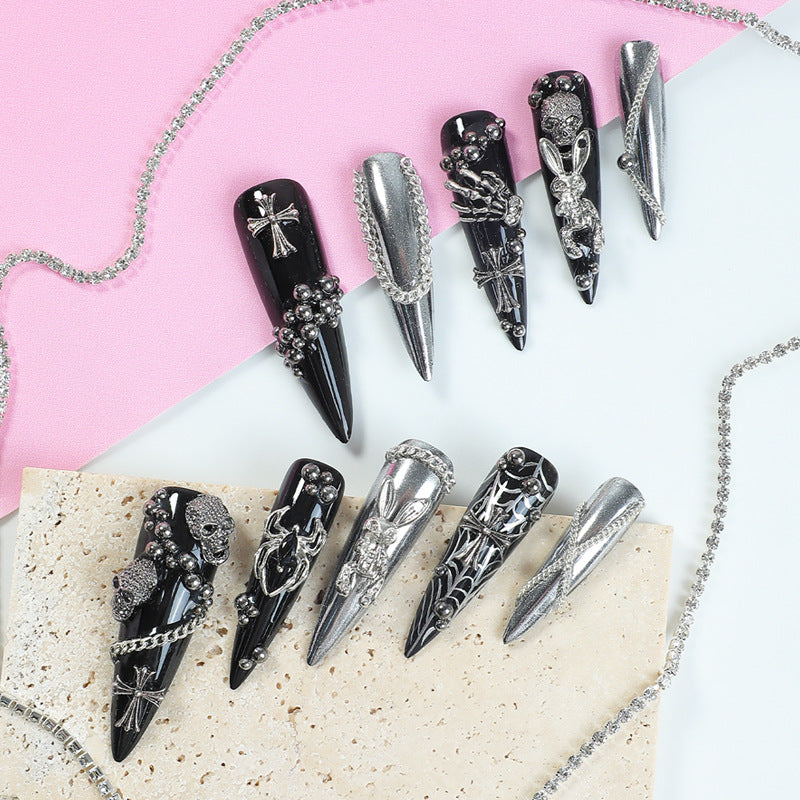 Gothic Glimmer Long Stiletto Black and Silver Press On Nail Set with Intricate Metal Charms