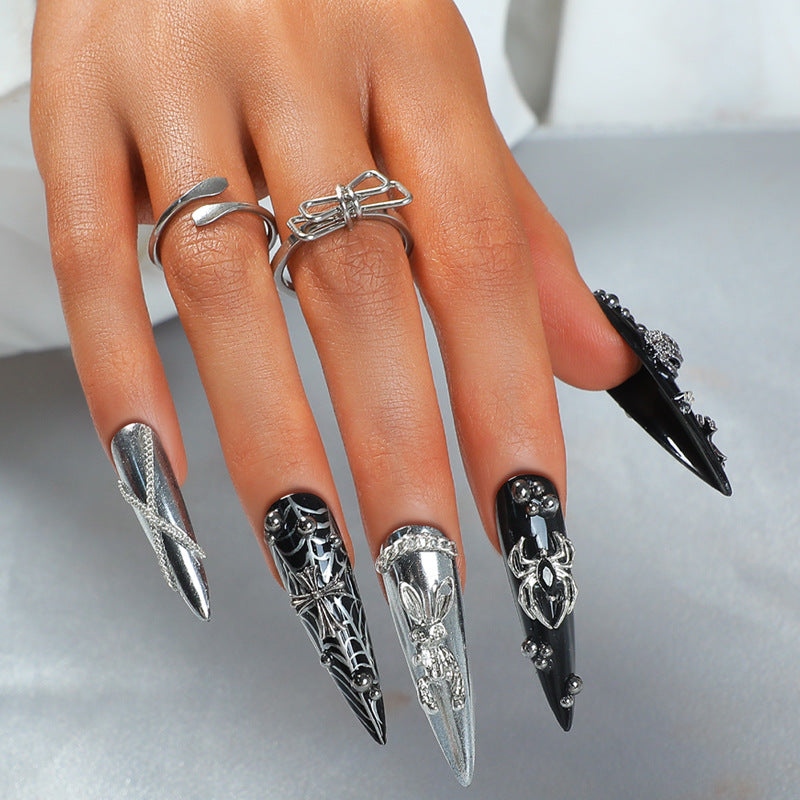 Gothic Glamour Long Stiletto Black and Silver Press On Nail Set with Intricate 3D Designs