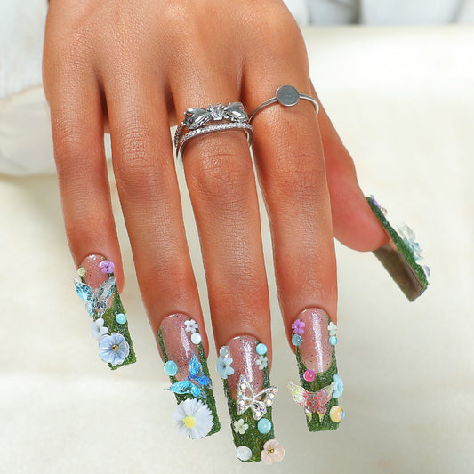 Garden Party Extra Long Square Green Floral Press On Nail Set with 3D Butterfly and Gemstone Accents