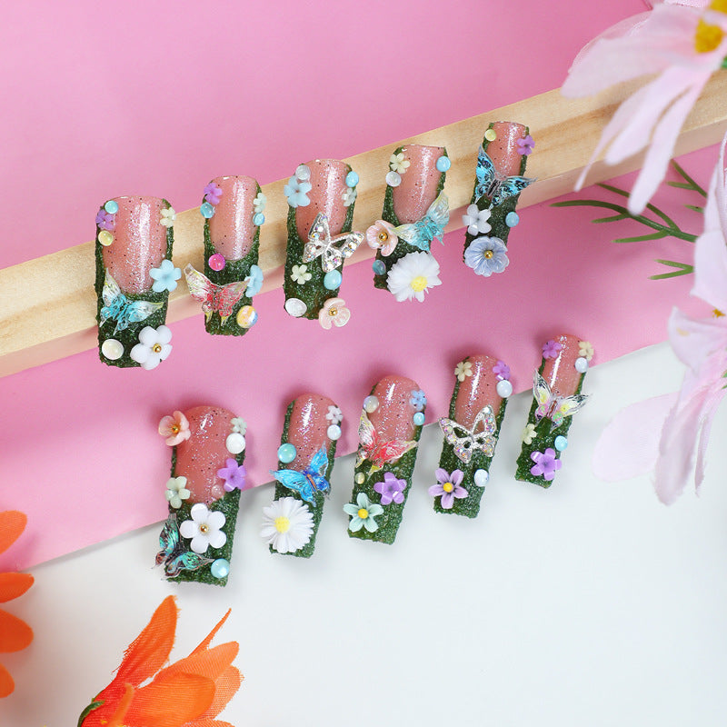 Garden Wonderland Press On Nail Set Long Square Green Glittery Design with Floral Embellishments