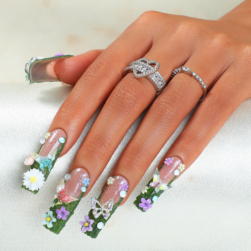 Garden Paradise Long Square Green Floral Press On Nail Set with Butterfly Accents