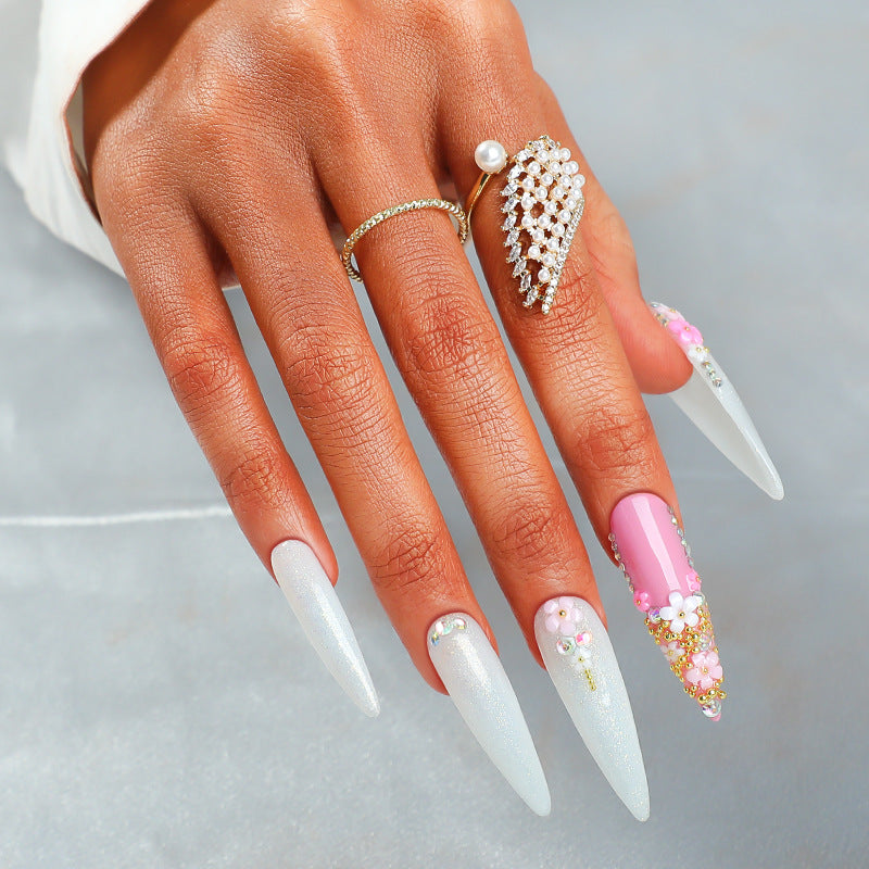 Charming Floral Fantasy Long Stiletto Press On Nail Set Sparkling White with Colorful Accents and Elegant Floral Details