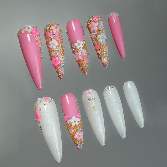 Floral Dream Long Stiletto Press On Nail Set Pink and White with 3D Flower and Gem Embellishments