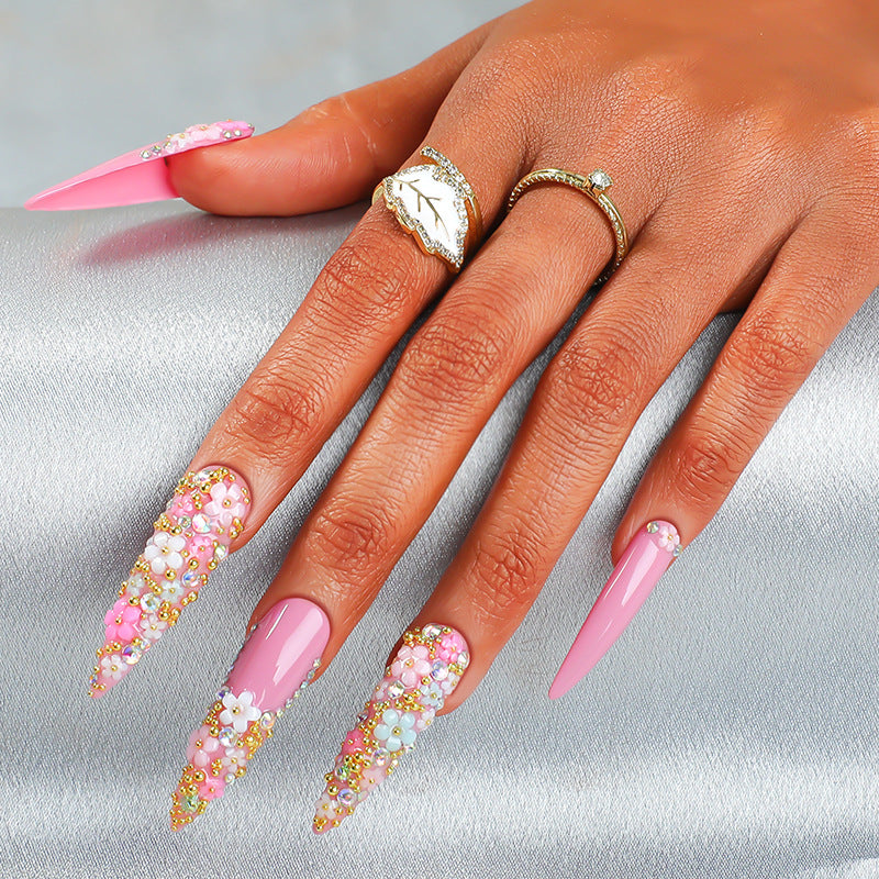 Blossom Garden Long Stiletto Pink Press On Nail Set with Floral Embellishments