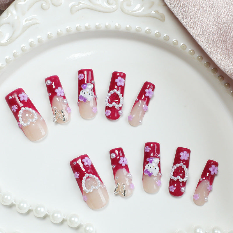 Kawaii Romance Long Square Red Floral Press On Nail Set with Glittering Heart and Kitty Accents