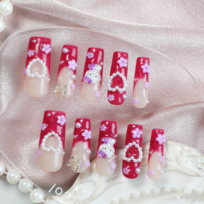 Whimsical Romance Long Square Red Floral Press On Nail Set with Cute Cat and Pearl Accents