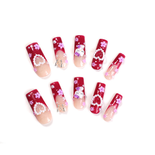 Lovely Floral Romance Extra Long Square Press On Nail Set in Cherry Red with Heart and Flower Decor