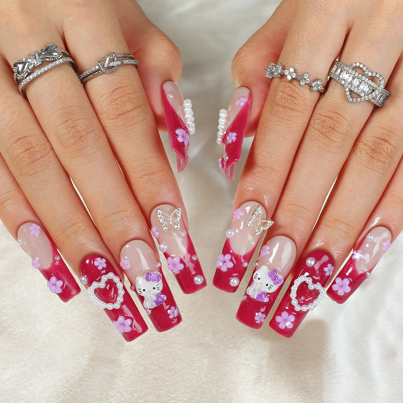 Whimsical Garden Long Square Red Ombre Press On Nail Set with Floral and Cat Accents