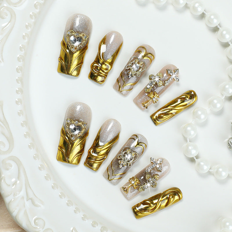 Glamorous Golden Elegance Long Coffin Shaped Clear and Gold Press On Nail Set with Sparkling Gem Embellishments