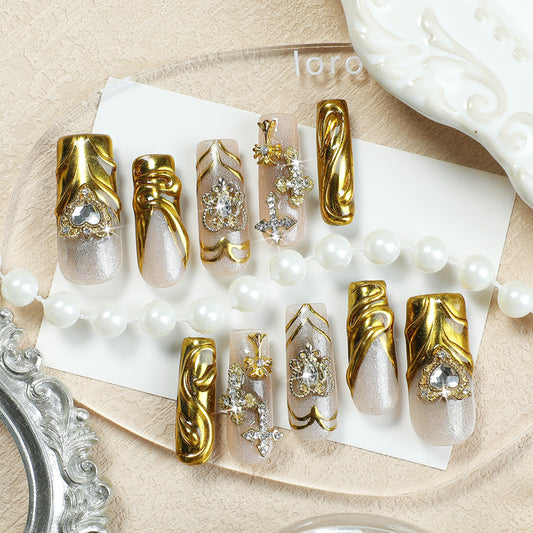 Glamorous Royal Gold and Beige Coffin Shaped Press On Long Nail Set with Rhinestone Embellishments