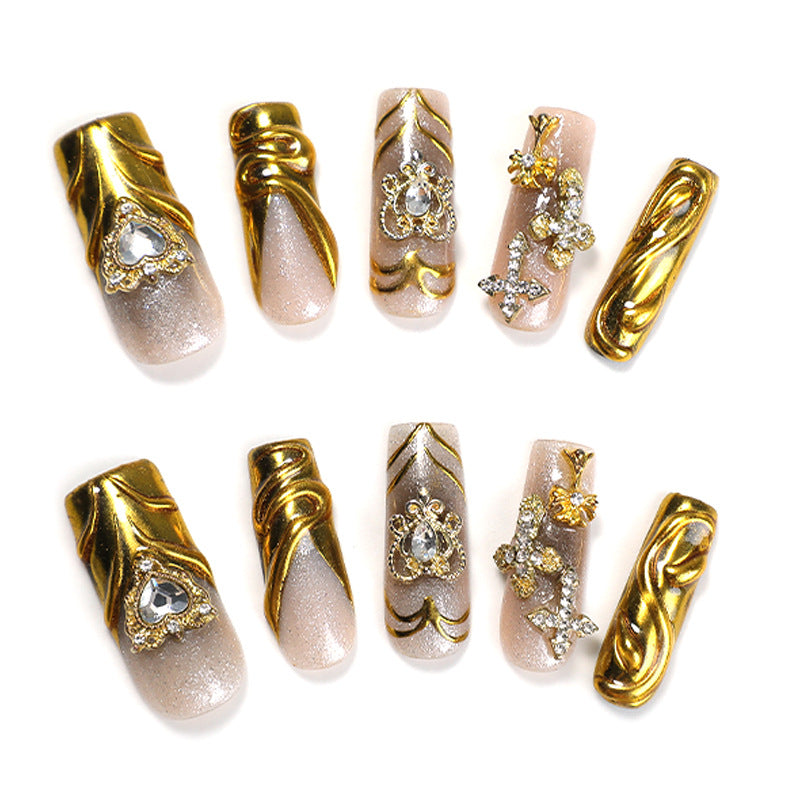 Glamorous Golden Elegance Extra Long Coffin Shaped Beige Glitter Press On Nail Set with Stunning Rhinestone Accents