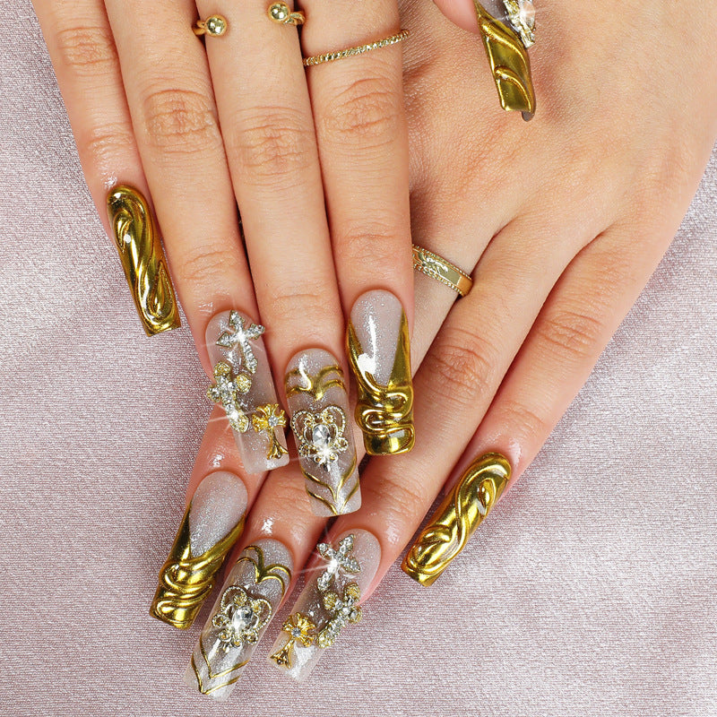 Glamorous Gold Swirls Long Square Press On Nail Set with Glitter and Jewel Embellishments