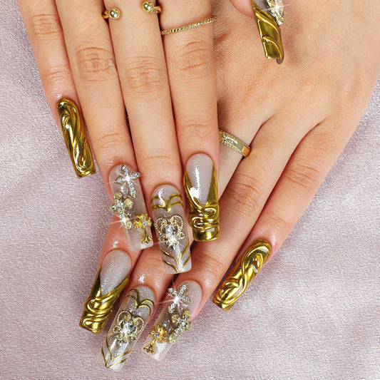 Glamorous Gold Swirls Long Square Press On Nail Set with Glitter and Jewel Embellishments